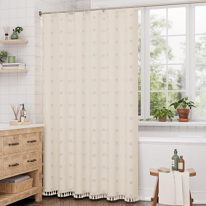 AmazerBath Boho Farmhouse Shower Curtain with Tassels, Soft Cloth Beige Shower Curtain Set, Polka Dots Chevron Fabric Rustic Shower Curtain with Hooks, Hotel Quality, 72x72 Inches