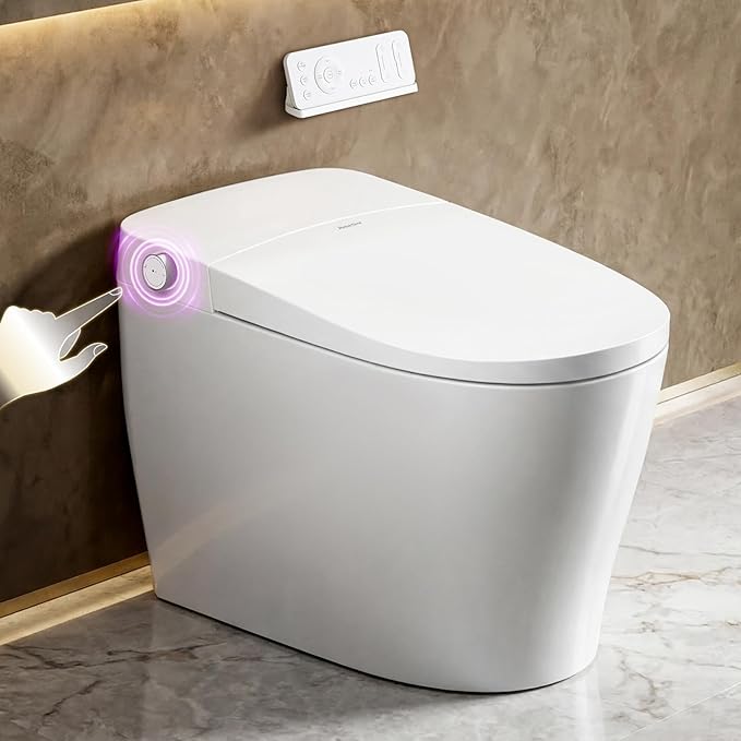 Smart Toilet with Built-in Tank and Pump - Bidet Toilet Combo with Side Knob Control, Heated Seat, Instant Warm Water Wash, Warm Air Dryer, 1.06 GPF One-Piece Toilet for Low Water Pressure