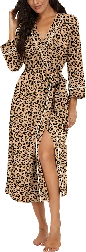 PrinStory Robes for Women 3/4 Sleeve Long Bath Robe XS-4XL | V-Neck Knit Bathrobe with Pockets, Lightweight, Soft, Breathable Robes for Shower, Spa, Travel, Home, Party, Nursing