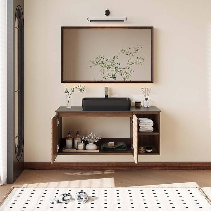 36" Modern Floating Bathroom Vanity with Single Sink - Wall Mounted Storage Bathroom Cabinet with Black Sintered Stone Countertop| Large Storage Space & Open Shelves, Dark Wood