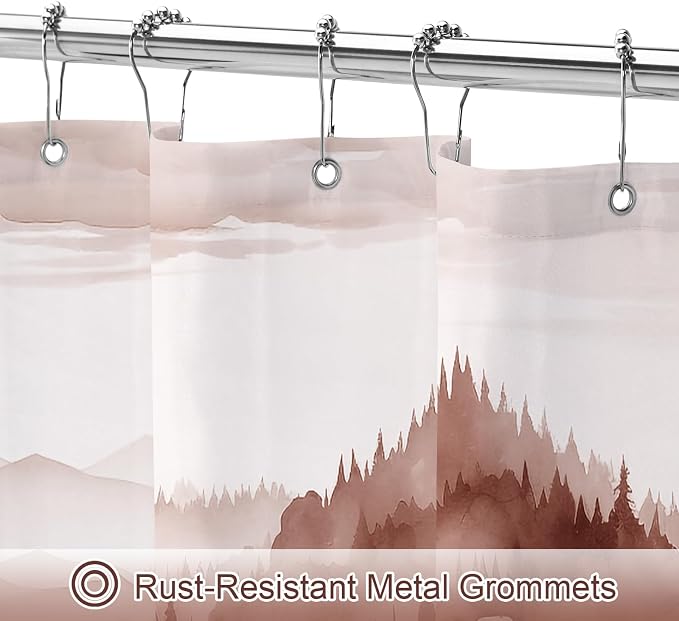 Litabel Burgundy Small Stall Misty Pine Forest Shower Curtain 36 x 72, Mountain Foggy Woodland Scenery Tree Narrow Half Size Shower Curtains for Bathroom, Abstract Waterproof Nature-Themed Decor