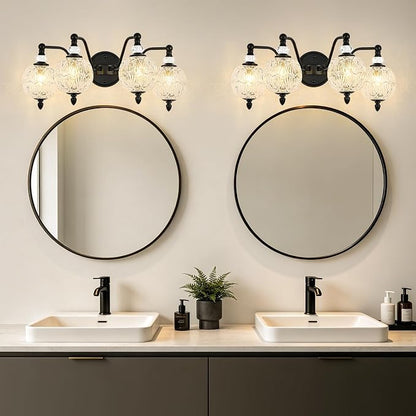 4-Light Matte Black Bathroom Vanity Light, Farmhouse Wall Sconce with Globe Glass Shades, Mid Century Retro Mirror Light for Bathroom, Powder Room