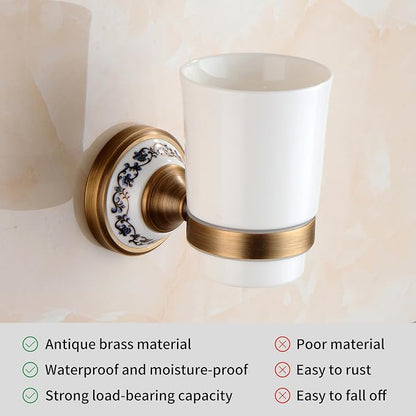 Antique Bronze Brass Toothbrush Holder Cup Holder with White Ceramic Tumbler, Wall Mounted Bathroom Hardware Accessories,Porcelain Design