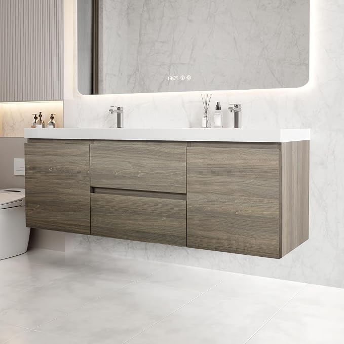 60 Inch Floating Bathroom Vanity with Double Sink, Large Storage Wall Mounted Floating Vanity with Soft Close Drawers, One-Piece Basin Bathroom Sink Cabinet (Ash Grey, 60 Inch Double Sink)