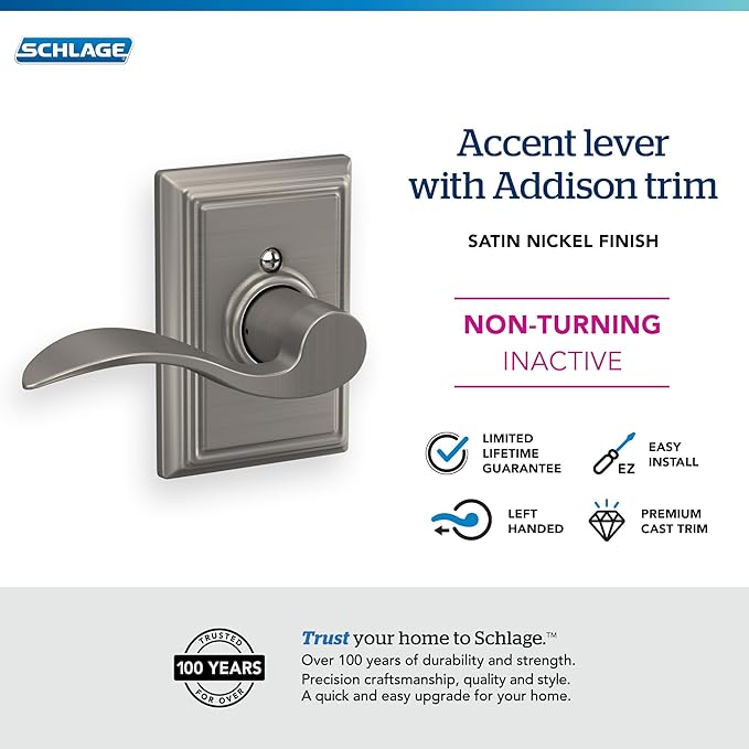 SCHLAGE Accent Lever with Addison Trim Non-Turning Lock in Satin Nickel - Left Handed - F170 ACC 619 ADDLH - 568374