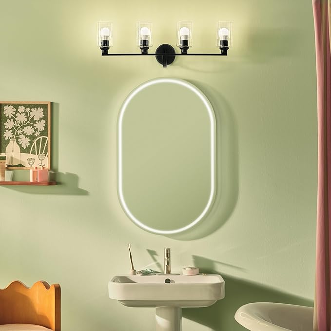 Kichler Gioe 32.25" 4-Light Vanity Light with Clear Fluted Glass in Black, Damp Rated, for Bathroom,Powder Room, Over a Mirror, (32.25" W x 10.5" H), 55227BKFLU