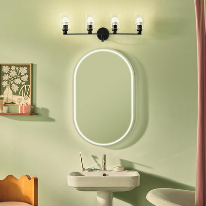 Kichler Gioe 32.25" 4-Light Vanity Light with Clear Fluted Glass in Black, Damp Rated, for Bathroom,Powder Room, Over a Mirror, (32.25" W x 10.5" H), 55227BKFLU