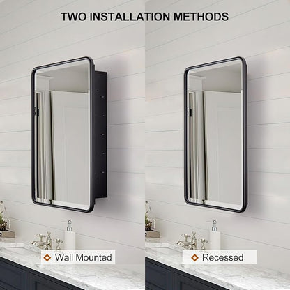 Black Bathroom Medicine Cabinet with Mirror 16 x 24 Metal Frame Recessed Or Wall Mounted Single Door Storage Medicine Cabinet with Adjustable Shelves Rounded Rectangle Beveled Mirror