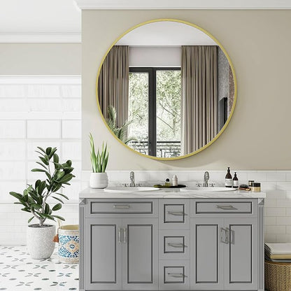 Large Gold Round Bathroom Mirror 48" with Thin Metal Frame | Circle Wall Mounted Mirror Hanging or Leaning Decor for Hallway, Entryway, Fireplace Mantel, Living Room
