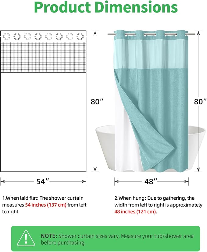 eachope No Hook Linen Texture Shower Curtain with Snap-in Liner,54x80 Teal | 230GSM Thick Fabric,Hotel Luxury Decor,Mesh Top Window,Waterproof & Machine Washable,for Shower Stall or Bathroom