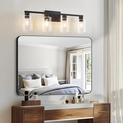 4 Light Bathroom Vanity Light Fixtures, Black Farmhouse Bathroom Vanity Light with Clear Glass Shade, Bathroom Lighting Fixtures Over Mirror, Vanity Lights for Bathroom Mirror
