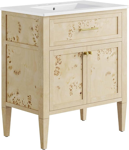 Modway Elysian 30" Wood Bathroom Vanity in White Burl with Ceramic Sink Basin