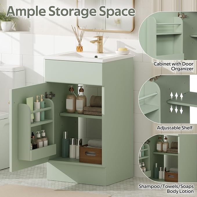 Christopher Knight Home Doreen 18" Bathroom Vanity with Ceramic Sink, Bathroom Vanity Cabinet with Adjustable Shelf, Wooden Bathroom Storage Cabinet, Pedestal Sink with Storage, Mint Green