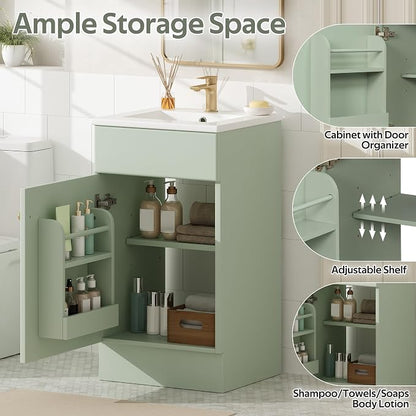 Christopher Knight Home Doreen 18" Bathroom Vanity with Ceramic Sink, Bathroom Vanity Cabinet with Adjustable Shelf, Wooden Bathroom Storage Cabinet, Pedestal Sink with Storage, Mint Green