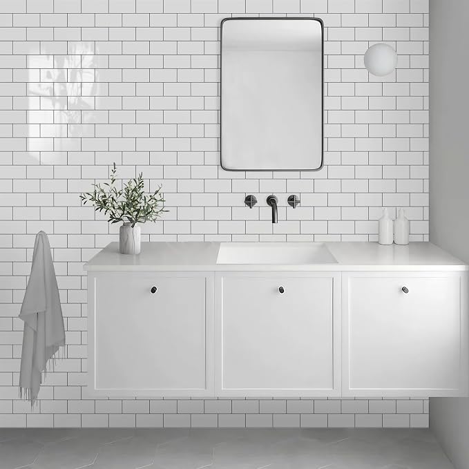 Vamos Tile White Peel and Stick Backsplash, Glossy 3''x6'' PVC Subway Tile | 4-Piece White Subway Tile with Dark Gray Grout,Stick on Backsplash for Kitchen/Bathroom/Fireplace/Laundry/Camper