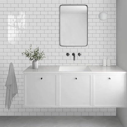 Vamos Tile White Peel and Stick Backsplash, Glossy 3''x6'' PVC Subway Tile | 4-Piece White Subway Tile with Dark Gray Grout,Stick on Backsplash for Kitchen/Bathroom/Fireplace/Laundry/Camper