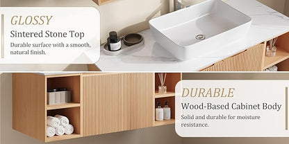 48" Floating Bathroom Vanity with Sink, Modern Vanity Cabinet with Sintered Stone Countertop, Wall Mount Bathroom Sink with Storage, Ceramic Basin, Light Wood (Pure White)