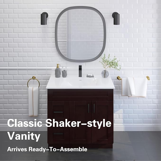 36" Espresso Shaker Bathroom Vanity Base – Ready-to-Assemble Sink Cabinet with Drawers, Freestanding Bathroom Vanity Base Only, No Top or Sink