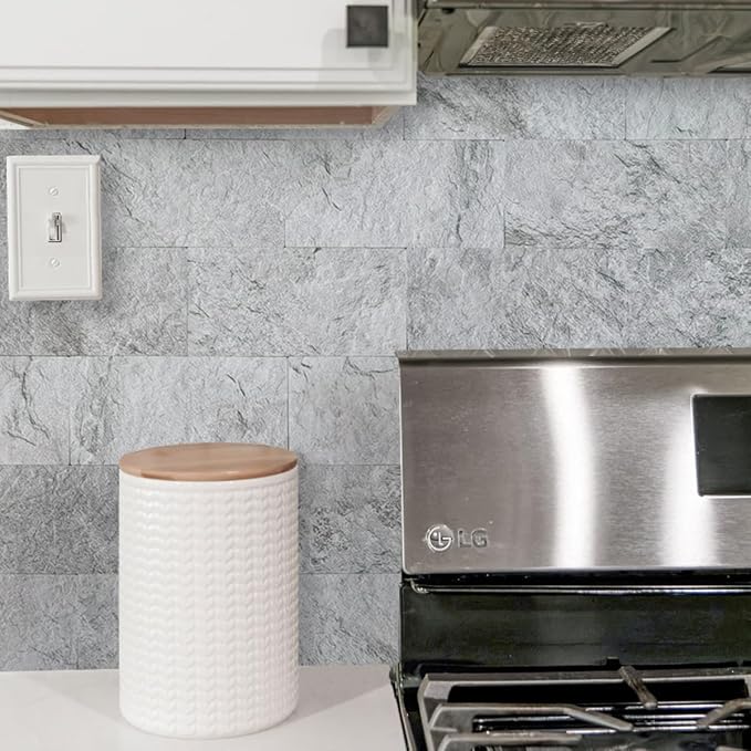 AULIGET 2-Piece Light Slate Peel and Stick Backsplash Wall Tiles, 6" x 12" PVC Faux Stone Stick on Tiles for Backsplash Kitchen, Bathroom, Laundry Room, Camper, Fireplace