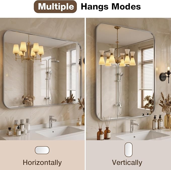 22"x30" Bruhed Nickel Rectangle Vanity Bathroom Mirror, Set of 2 | Aluminum Alloy Frame, Clear Reflection, Rust-Resistant, Vertical or Horizontal, Wall Mount, Bedroom and Entryway
