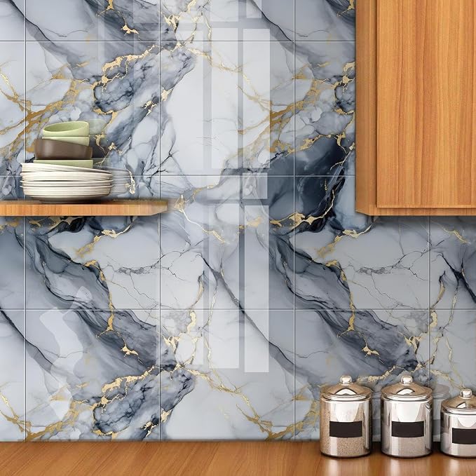 Chejiaye Thick 10pcs Marble Peel and Stick Backsplash Surface Waterproof Wall Panels,Self-Adhesive Marble PVC Foam Wall Panels for Kitchen, Bathroom - 11.8"x11.8" Kitchen Tile(Not Real Tiles,Blue)