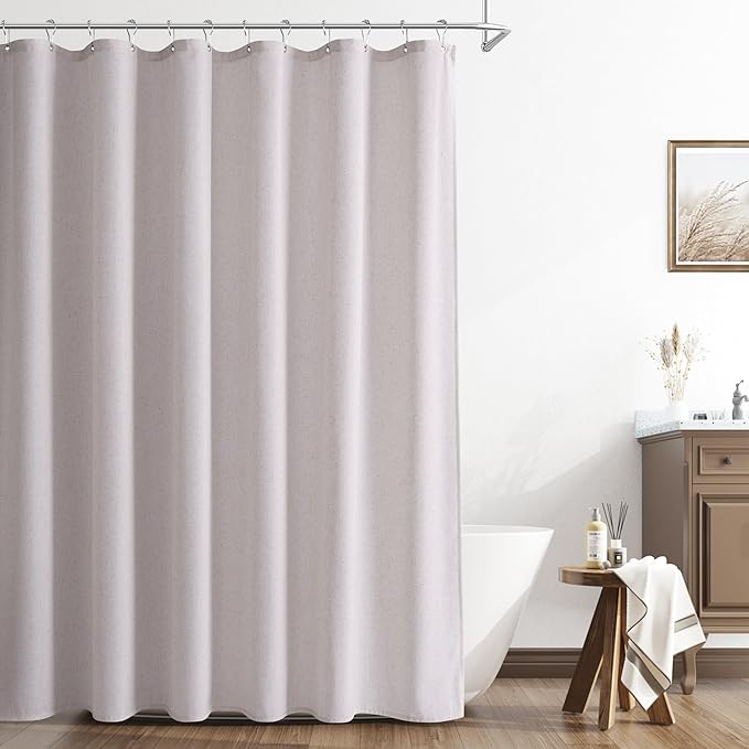 Champagne Linen Shower Curtain, Cloth Textured Fabric Shower Curtain Set with Hooks, Simple Elegant Modern Farmhouse Country Ultra Thick Bath Curtains for Bathroom,Water Repellent,72x84