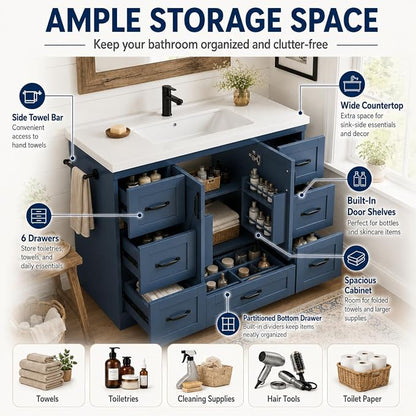 Bellemave 48" Bathroom Vanity with Sink, Bathroom vanities, Green Bathroom Vanity with Drawers, Sink Cabinet, Navy Blue, 48"