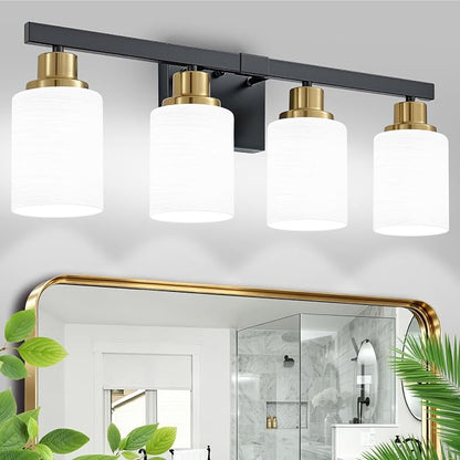 Black and Gold Bathroom Light Fixtures, 4-Light Vanity Lights,24" | Bathroom Vanity Lights with Milky White Glass Shade,Bathroom Lights Over Mirror Wall Lamp Sconces for Mirror Restroom Sink
