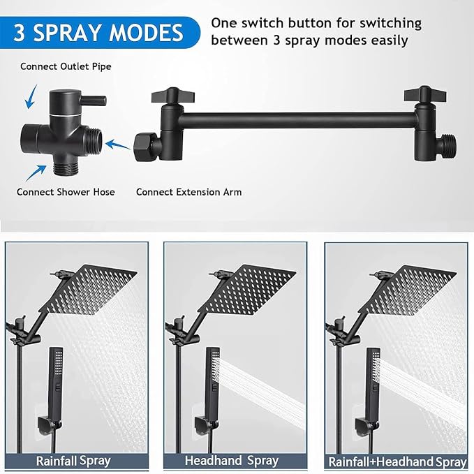 Rainfall Shower Head with Handheld Combo, Black, 10 Inch & 3 Spray Modes | 180° Adjustable with Extension Arm, Easy To Install