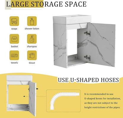 KEIKI 16'' Bathroom Vanity Cabinet with Sink, Wall Mounted Floating Bathroom Vanity with Soft-Close Cabinet Door, for Small Bathroom, Carrara White