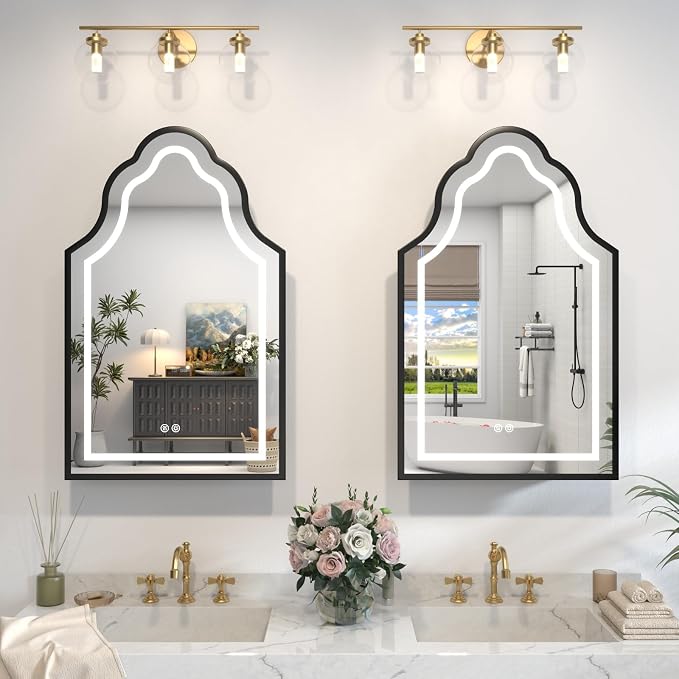 Black Lighted Medicine Cabinet with Mirror, 20''x32'' Surface or Recessed Irregular Bathroom Mirrors with Storage, Anti-Fog Dimmable LED Medicine Cabinet for Bathroom, 3 Color Temperature