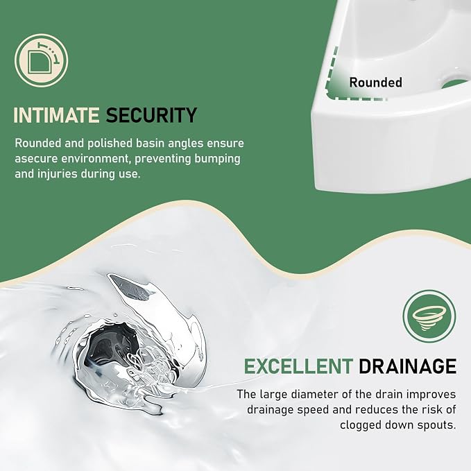 18x13 Wall Mounted Corner Bathroom Sink | Ceramic, Fan-Shaped, Curved Bottom, Easy to Clean, with Overflow, Ideal for Bathroom, Lavatory, Vanity