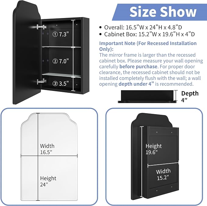 AGDULL Victorian Medicine Cabinet with Arched Mirror, Overall 16.5"W x 24"H | Recessed or Surface Mount, 15.2"W x 19.6"H Wood Black Cabinet with 16.5"W x 24"H Arched Mirror, Left-Swing Door, Soft-Close