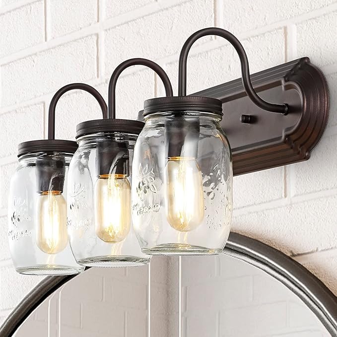 JONATHAN Y 19.3" Oil Rubbed Bronze 3-Light Iron and Glass Mason Jar Vanity Light, Farmhouse Industrial Rustic Wall Sconce for Bathroom, UL Listed, LED Bulbs Included JYL7801A