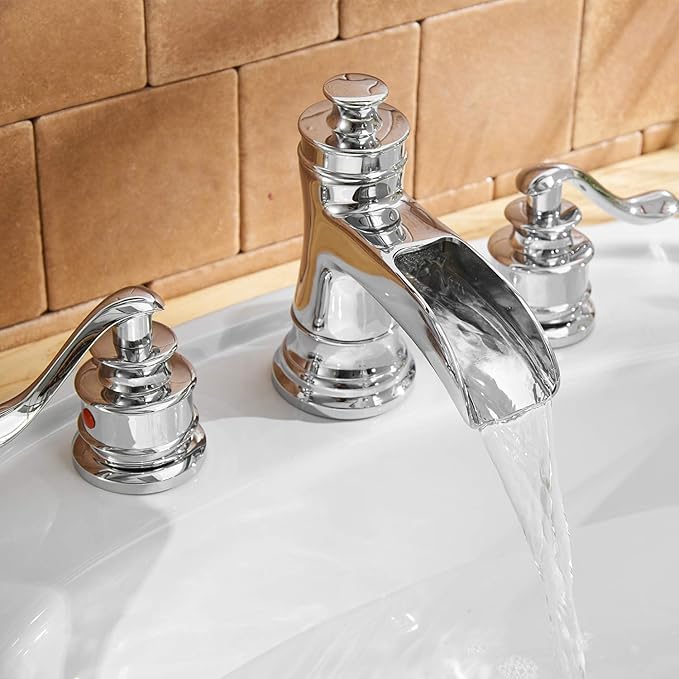 BWE 8 Inch Widespread Bathroom Faucet Chrome with Pop Up Drain and Supply Hose Two-Handle 3 Holes Waterfall Bathroom Sink Faucet Lavatory Mixer Tap