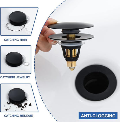 Universal Bathroom Sink Stopper - Pop Up Sink Drain Stopper, Push Button Flixfilter Sink Drain Stopper Replacement, Wash Basin Drain Filter Plug Anti-Clogging Basket, Matte Black