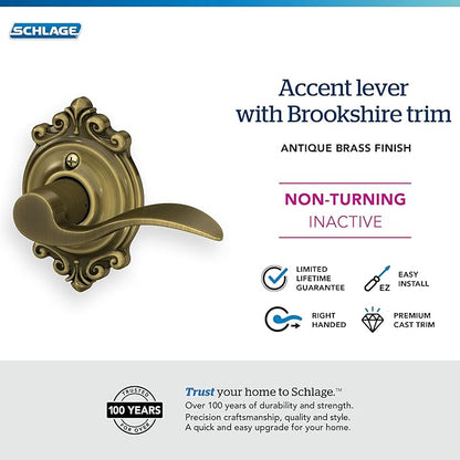 SCHLAGE Accent Lever with Brookshire Trim Non-Turning Lock in Antique Brass - Right Handed
