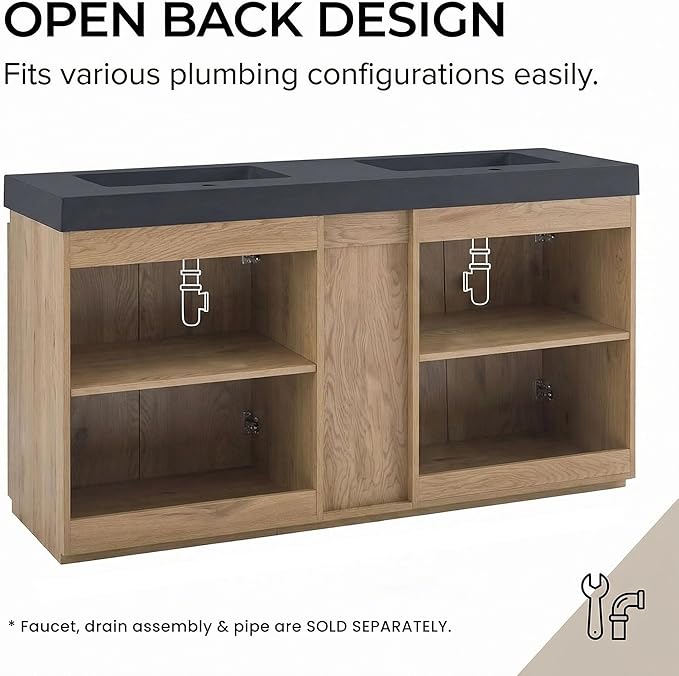 60" Double Bathroom Vanity with Sink Combo, Mid Century Modern Bathroom Cabinet with Doors & Shelves, Matte Black Integrated Sink with Overflow, Light Oak