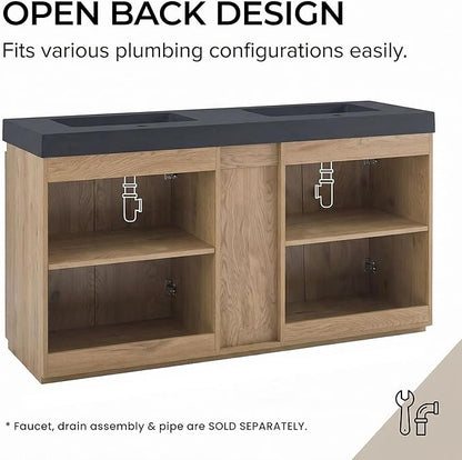 60" Double Bathroom Vanity with Sink Combo, Mid Century Modern Bathroom Cabinet with Doors & Shelves, Matte Black Integrated Sink with Overflow, Light Oak