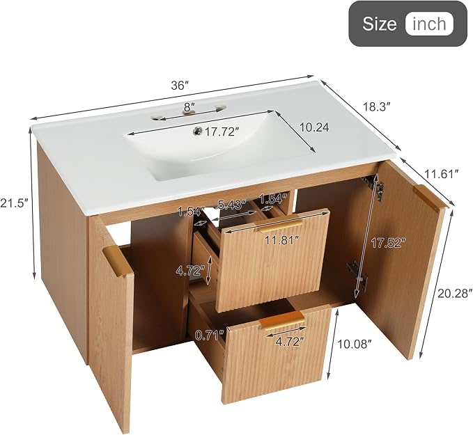 36" Wall Mounted Bathroom Vanity with Ceramic Sink, Modern Floating Bathroom Cabinet with Soft Close Doors & Divided Drawers, MDF Wood Vanity Set for Small Bathroom, Natural Oak
