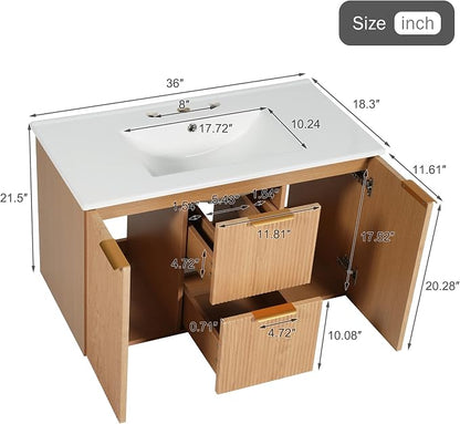 36" Wall Mounted Bathroom Vanity with Ceramic Sink, Modern Floating Bathroom Cabinet with Soft Close Doors & Divided Drawers, MDF Wood Vanity Set for Small Bathroom, Natural Oak