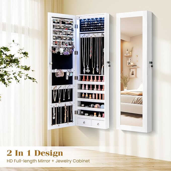 NAFORT 15 LEDs Full Length Mirror Jewelry Cabinet, Jewelry Armoire with Mirror 5 Shelves and 2 Drawers, Door/Wall Mounted Jewelry Mirror with Storage, Over the Door Jewelry Organizer