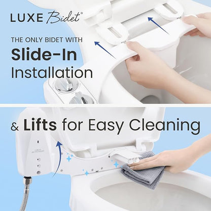 LUXE Bidet NEO 120 PLUS - Patented Non-Electric Bidet Attachment, White | Non-Electric, Single Nozzle, Slide-In Install, 360° Self-Clean, EZ-Lift to Clean, Rear Wash