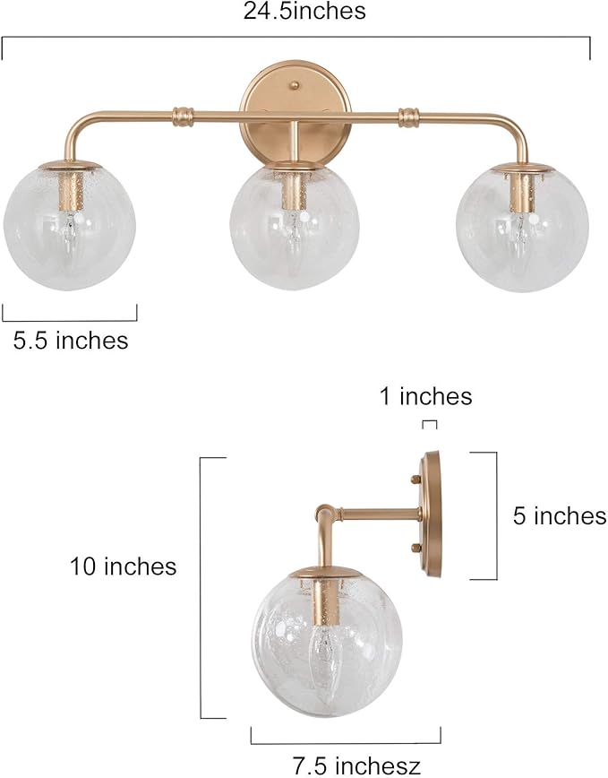 Bathroom Light Fixtures, 3-Light Gold Bathroom Vanity Light with Seeded Glass Shade, Bathroom Lighting Fixtures Over Mirror, L24.5'' x W7.5'' x H10''