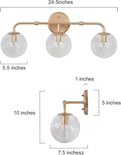 Bathroom Light Fixtures, 3-Light Gold Bathroom Vanity Light with Seeded Glass Shade, Bathroom Lighting Fixtures Over Mirror, L24.5'' x W7.5'' x H10''