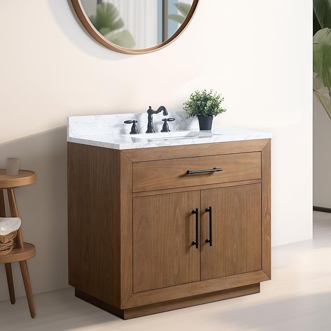 Vanity Art 36 inch Bathroom Vanity with Sink, Vanity Cabinet with Doors and Removable Shelf, Modern Wood Cabinet with White Marble Top, Solid Wood Frame, Ceramic Sink VA70-36-T-E