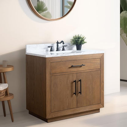 Vanity Art 36 inch Bathroom Vanity with Sink, Vanity Cabinet with Doors and Removable Shelf, Modern Wood Cabinet with White Marble Top, Solid Wood Frame, Ceramic Sink VA70-36-T-E