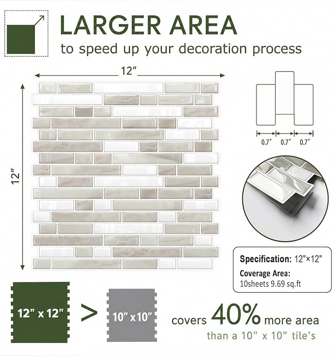 Peel and Stick Backsplash, Self Adhesive 10 Kitchen Tiles 12''x12'' | Beige Green 3D Wall Tile Back Splash for Kitchen, Bathroom, Laundry Room