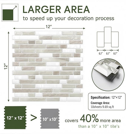 Peel and Stick Backsplash, Self Adhesive 10 Kitchen Tiles 12''x12'' | Beige Green 3D Wall Tile Back Splash for Kitchen, Bathroom, Laundry Room