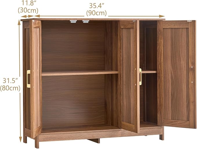 Wood Buffet Storage Cabinet, 3-Door Sideboard Credenza with Fluted Doors & Adjustable Shelves, Freestanding Coffee Bar Cabinet for Kitchen, Living Room, Walnut Brown